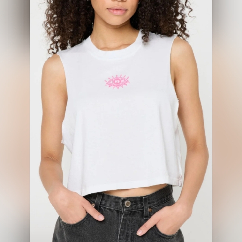 Spiritual Gangster All Eyes Callie Crop White Muscle Tee W/ The Evil Eye Details